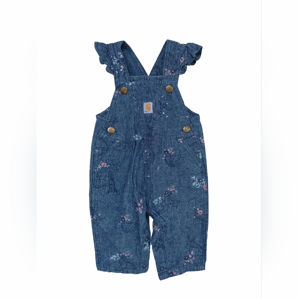 Carhartt Baby Denim Floral Overalls 6M Ruffle Strap Snap Romper